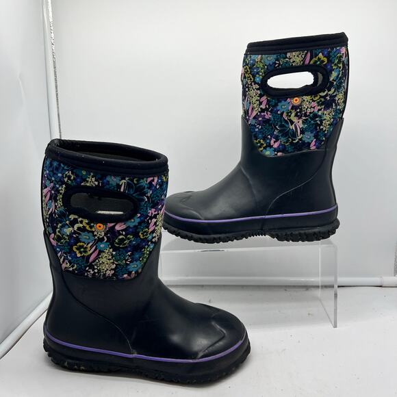 Bogs Snow Boots Kids Youth 2 Grasp Garden Floral Handle Pull On Black Winter - Picture 1 of 9